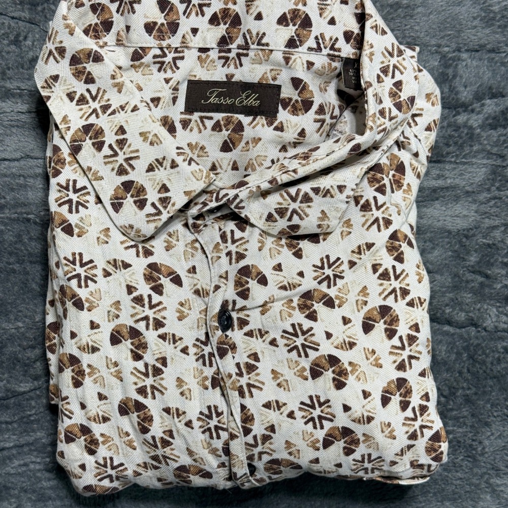 Tasso Elba‎ Button Down Shirt Men XL White Brown Silk Rayon Geometric
